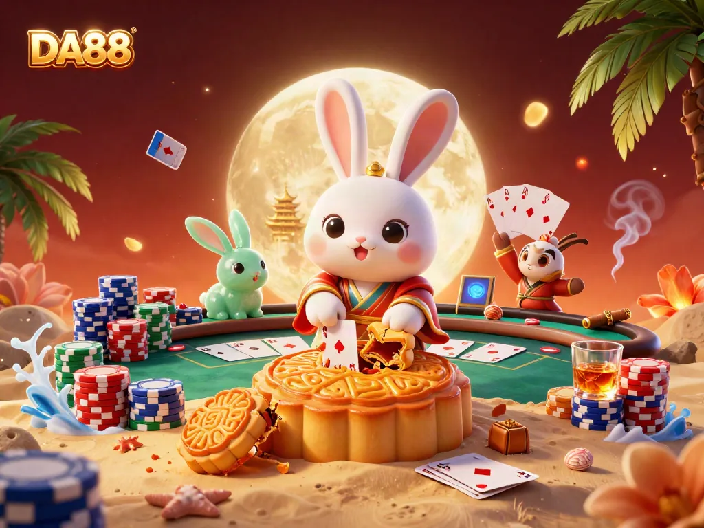 Experience thrilling gameplay at DA88 with vibrant poker elements and a whimsical moon scene.