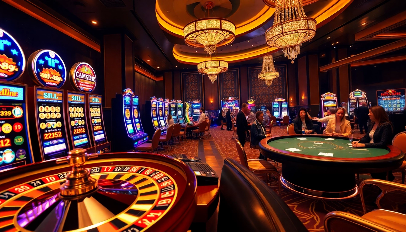 Experience high-stakes gaming excitement at https://s8esra.com/ with a vibrant casino scene featuring slot machines and poker tables.