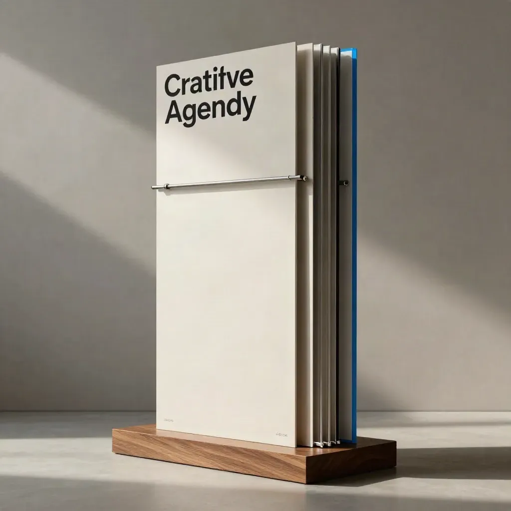 Tall modular landing page mockup panels in a moody studio with blue rim light.