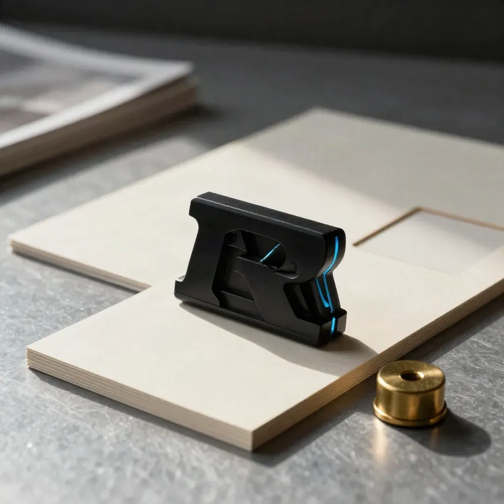 Black acrylic logo mockup on proof sheets with brass spacer in cinematic studio light.