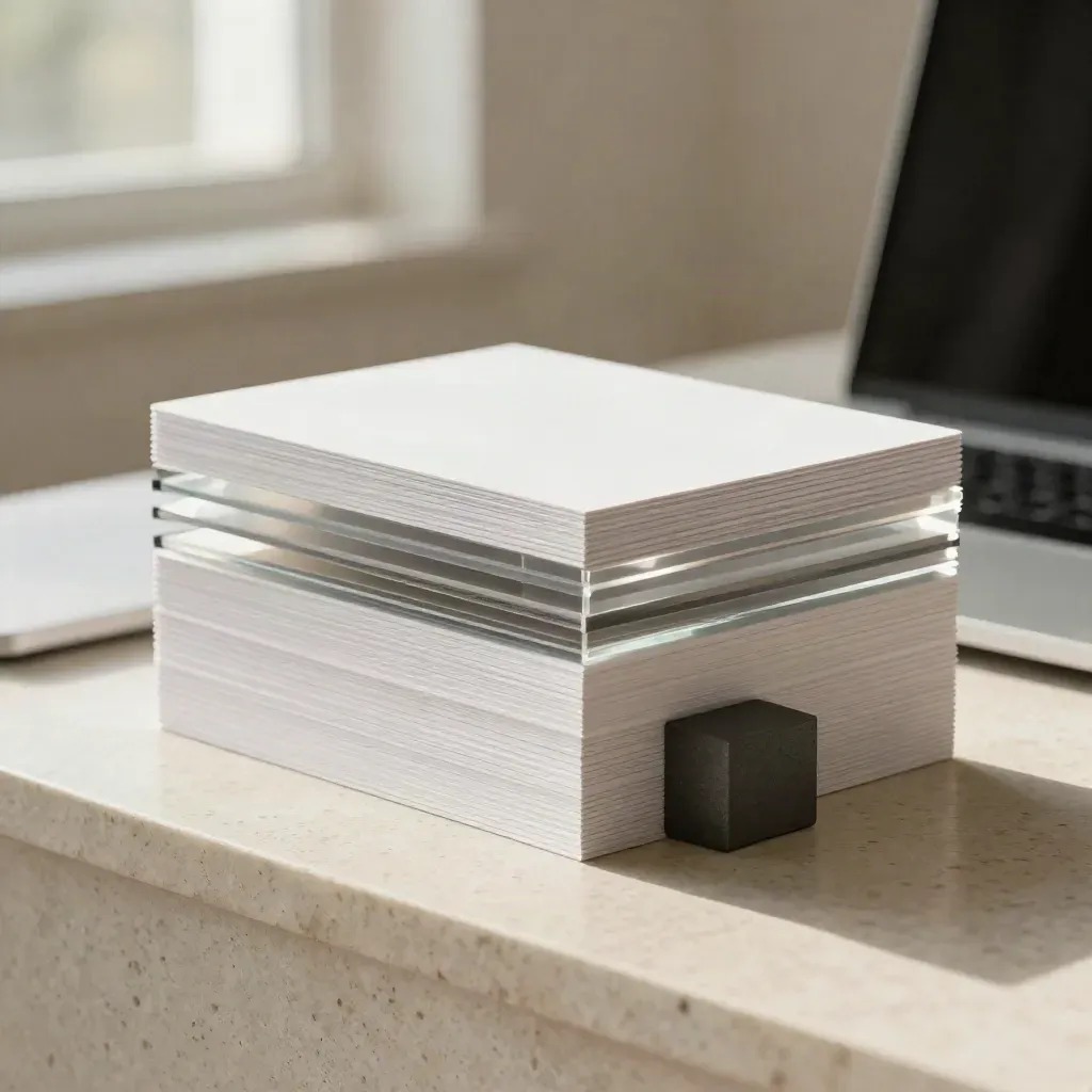 Macro of a website page-build model with acrylic layers, white cards and a closed laptop on travertine.