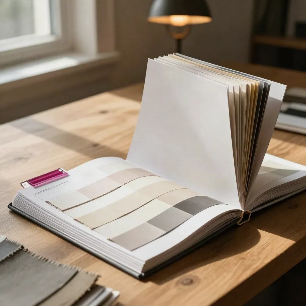 Swatch book, tabbed boards, linen strips and acetate dividers in a warm studio vignette.