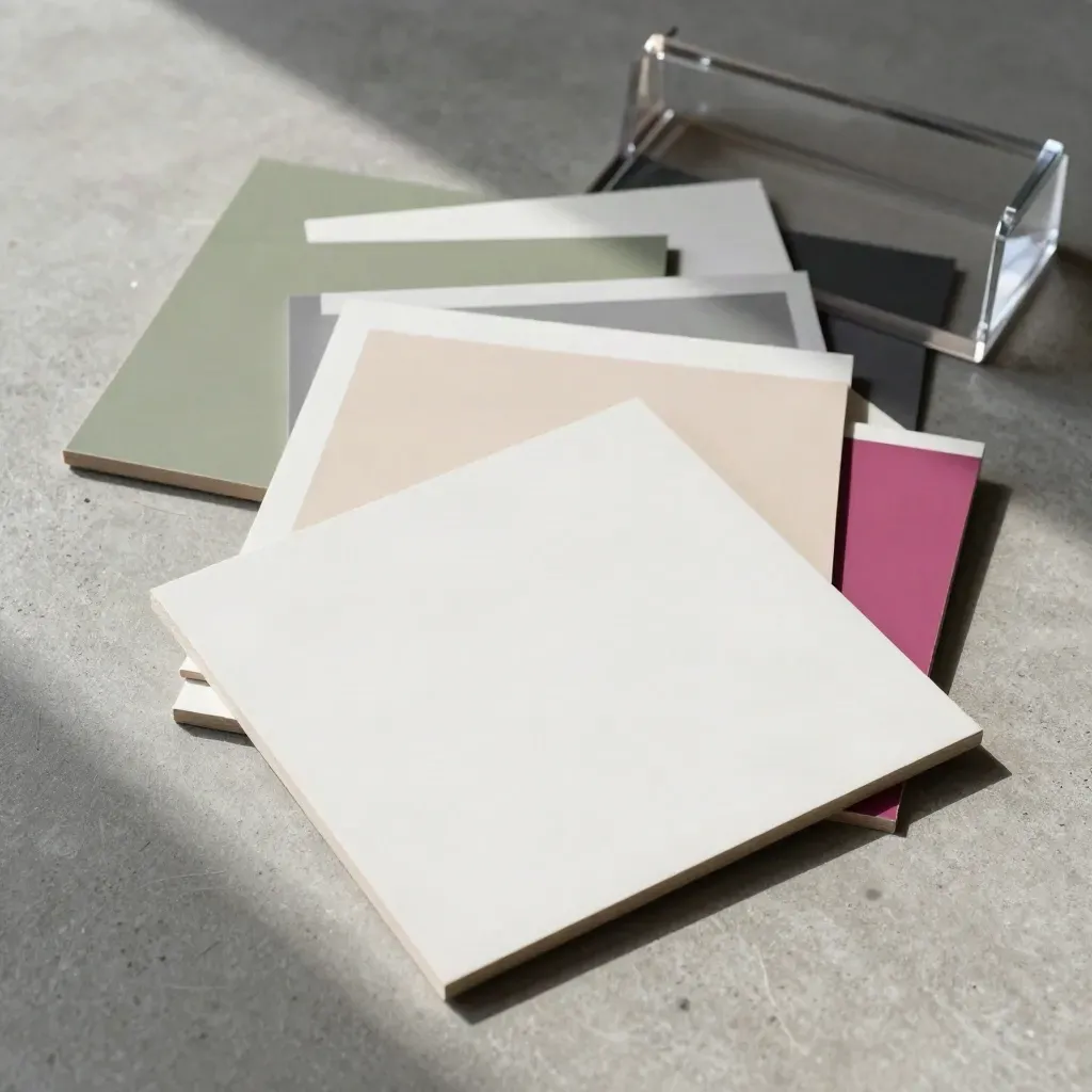Square social post mockups, crop marks and colour chips in a studio flatlay.
