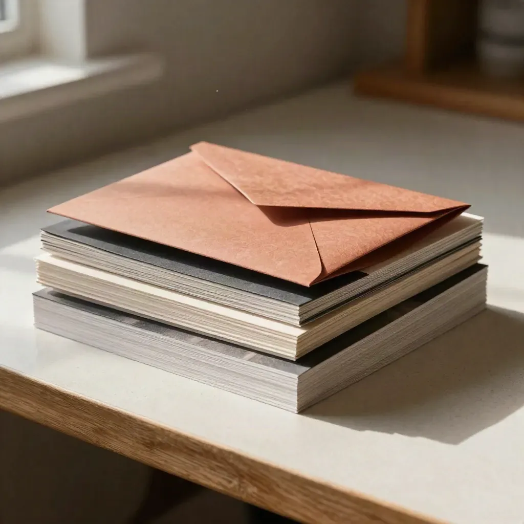 Print collateral stack with cards, leaflets and a textured sleeve on a terracotta workbench.