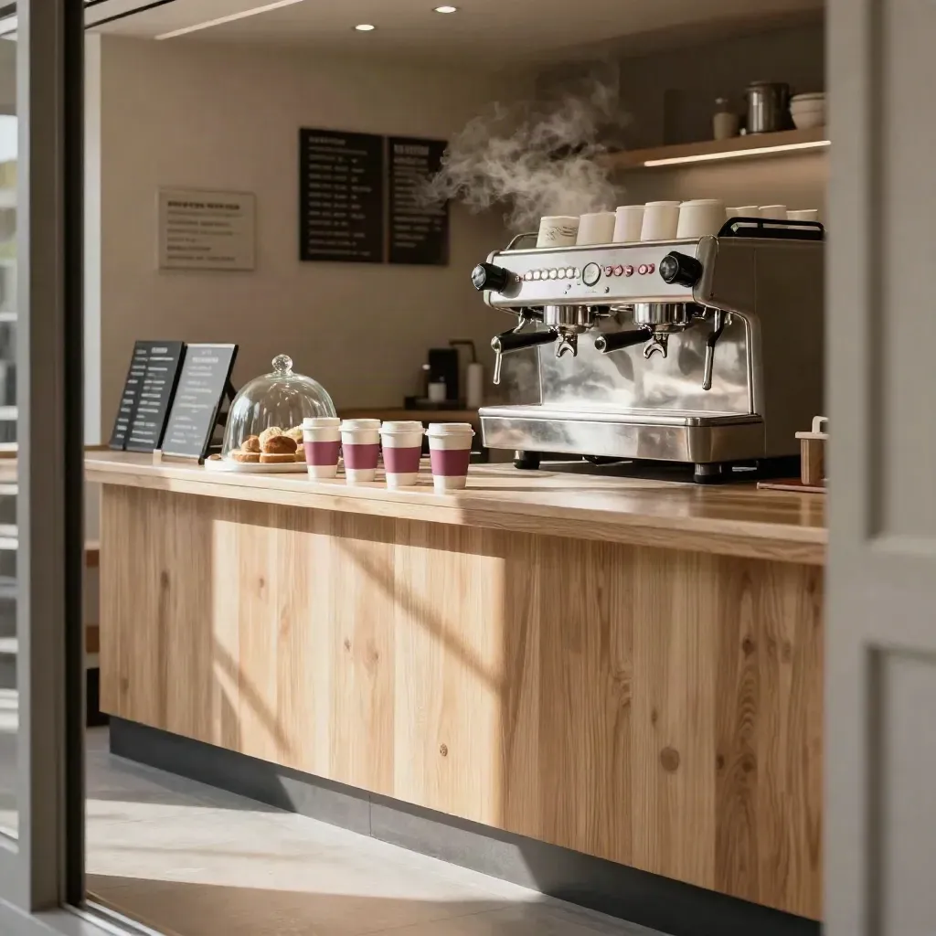 Empty cafe counter with steam, takeaway cups, pastry domes and espresso machine in low warm light.