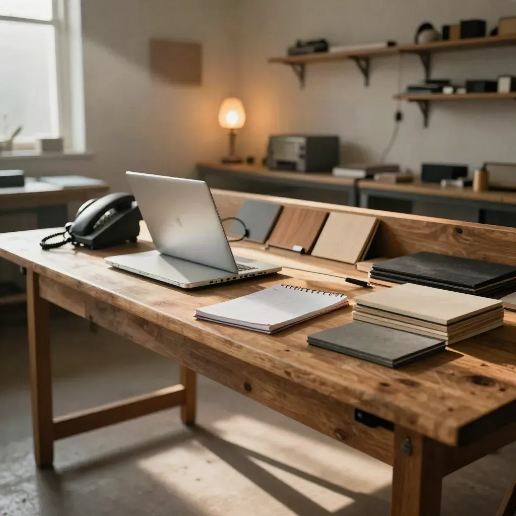 Glowing desk phone, closed laptop and sample boards in a warm trade-workbench office.
