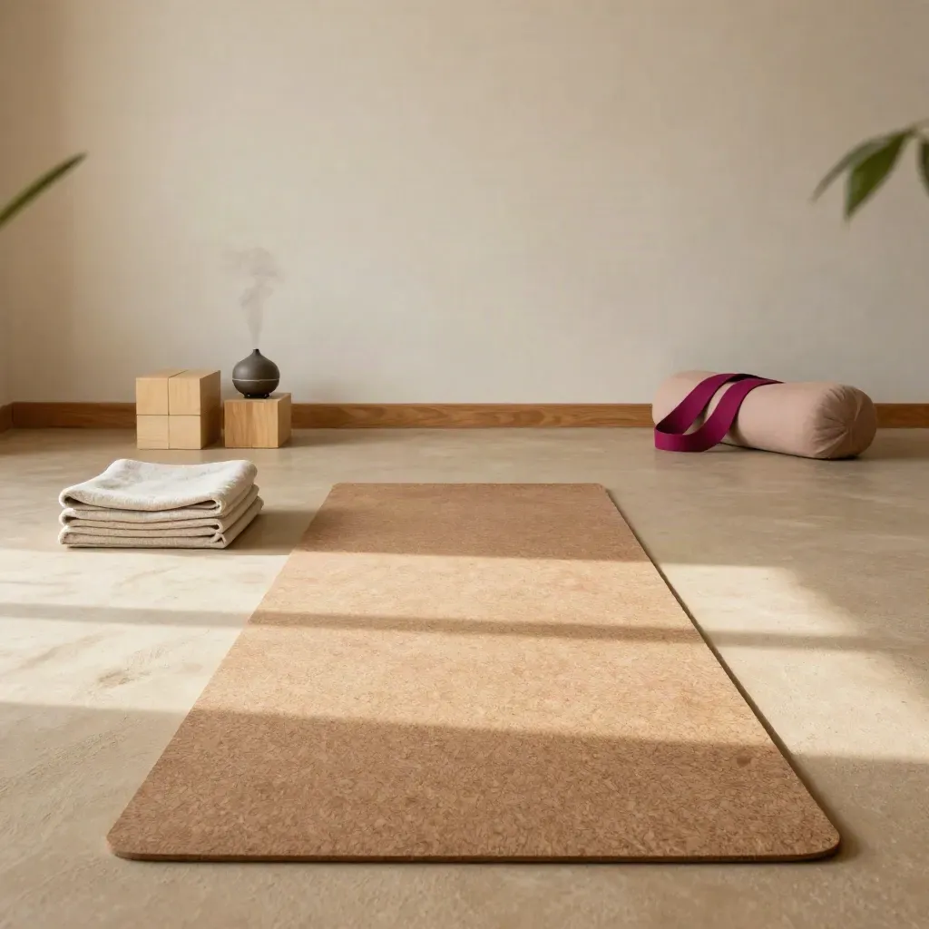 Empty yoga studio with aligned mats, towels, diffuser steam and pale timber props in warm daylight.