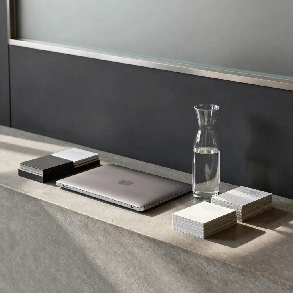 Modern agency reception with laptop, case-study cards, carafe and stone plinth in soft haze.