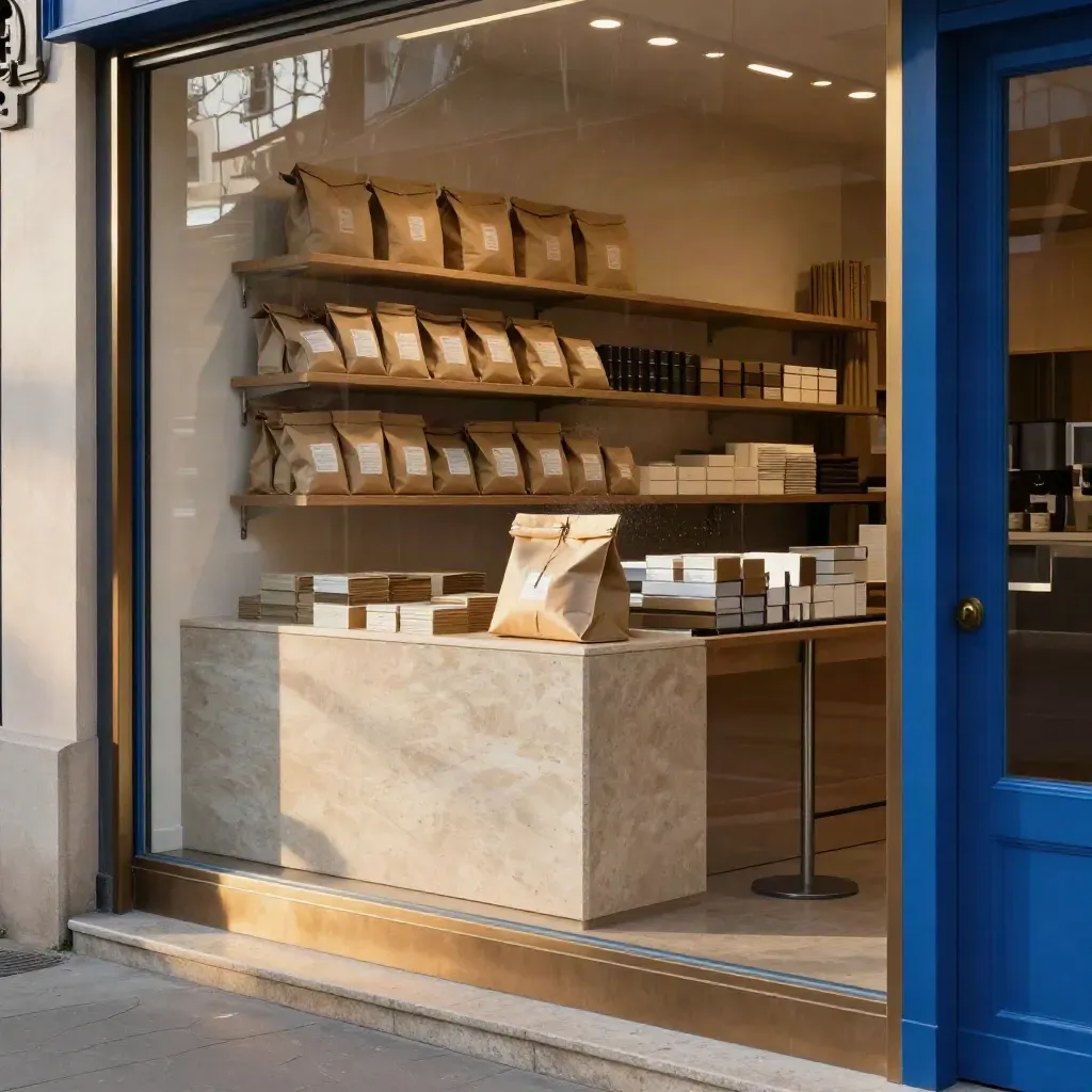 Refreshed storefront interior with shelves, parcels, plinth and glowing entrance edge