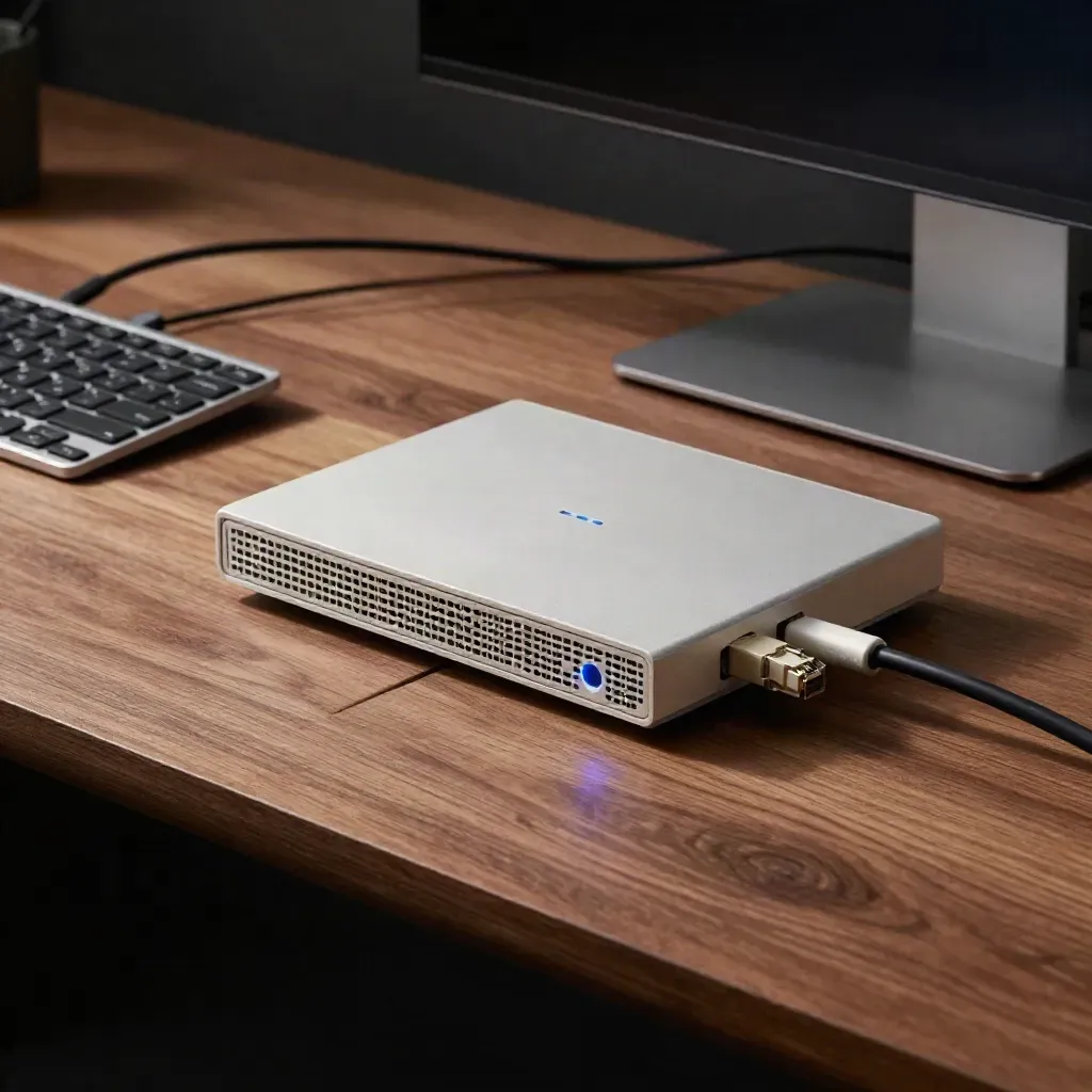 Ethernet cables, trackpad, router, keyboard corner and monitor stand on a walnut desk.