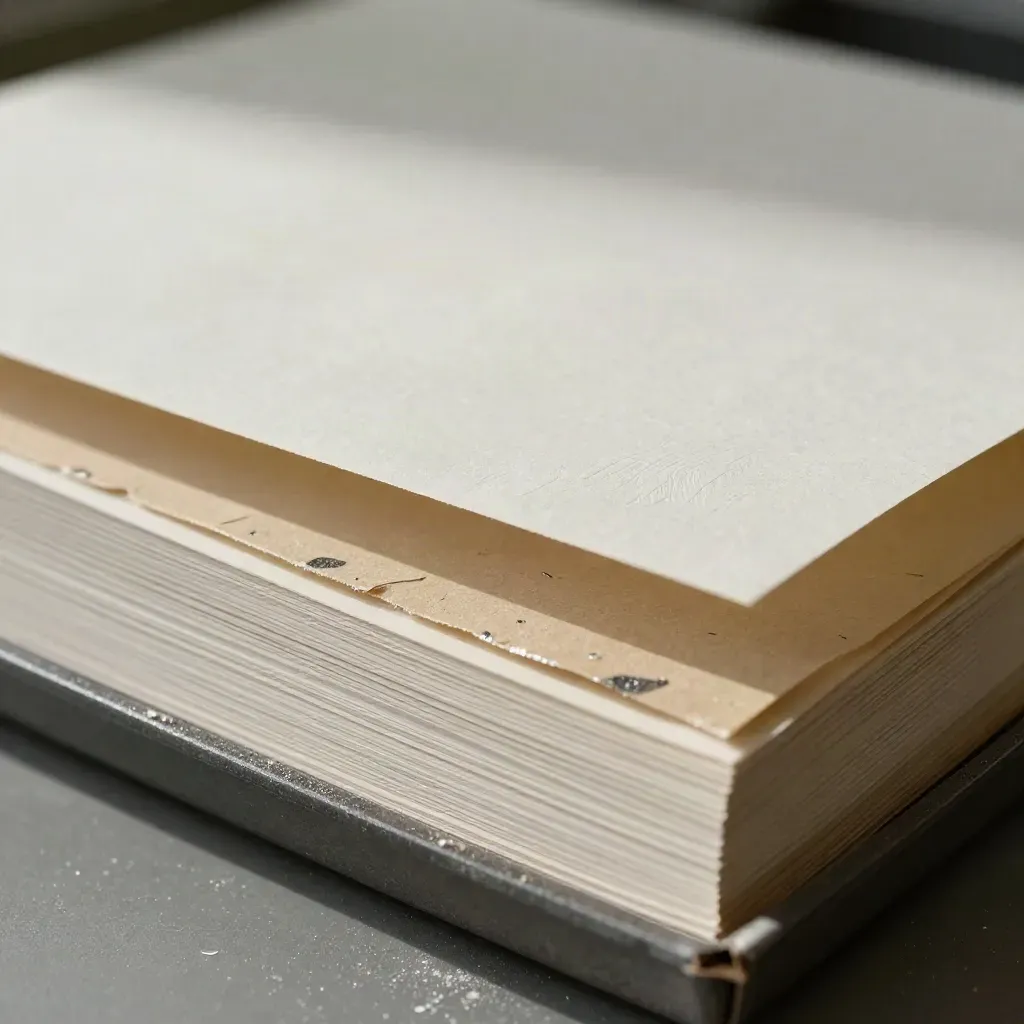 Macro of embossed paper stock, foil fragments and a bone folder in raking light