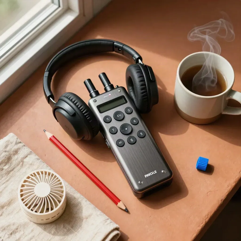 Overhead still life of audio recorder, headphones, pencil, tabs and steaming mug on terracotta surface