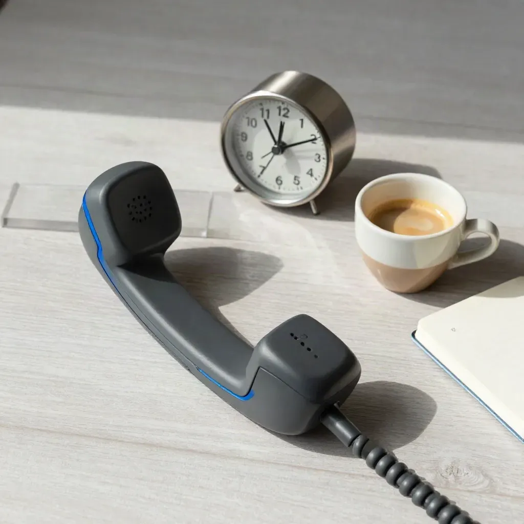 Muted phone handset, espresso cup, notebook and timer on pale wood in soft studio light.