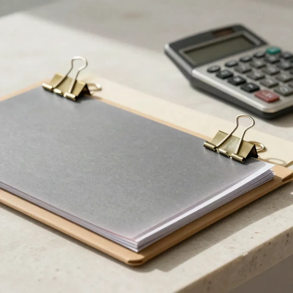 Clipped folder, acetate sheet and calculator on pale limestone with soft side light