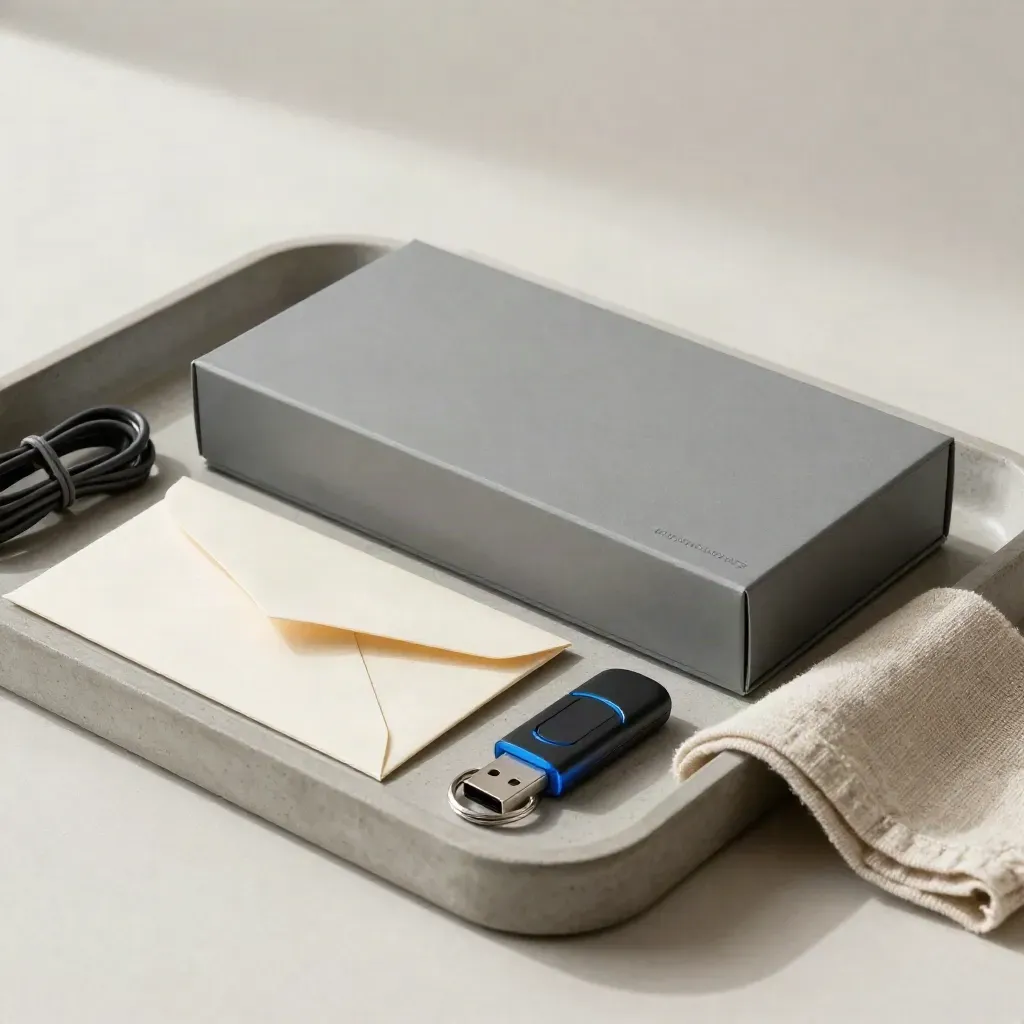 Launch handover kit on a concrete tray with box, USB keyring, sleeve and cable.