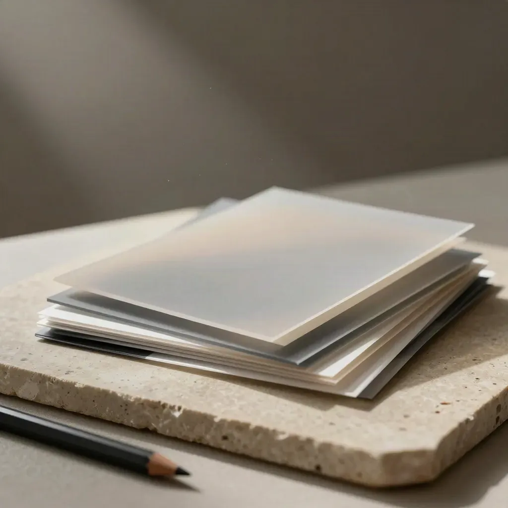 Acetate overlays, swatches, pencil stub and proof stack on limestone in soft side light