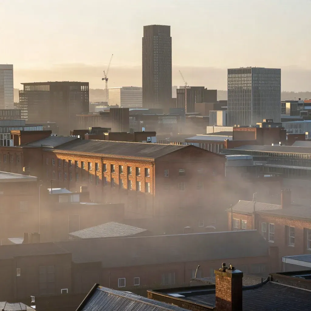 Manchester skyline at sunrise above low mist, with Beetham Tower and warehouse roofs.