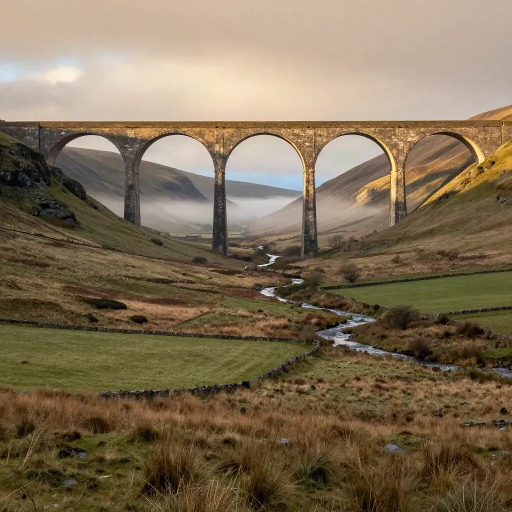 Sunlit sandstone viaduct over a misty Pennine valley with open fields below