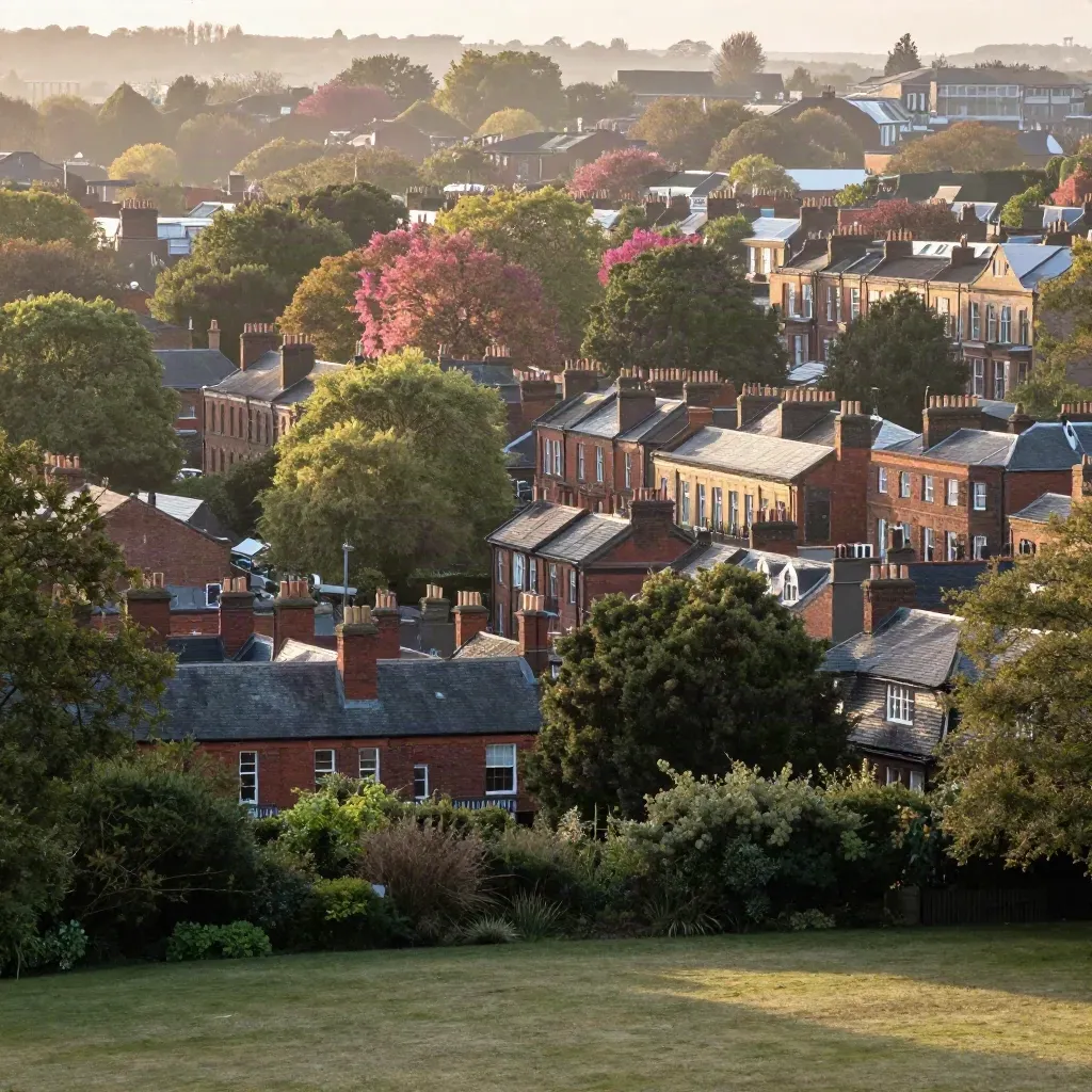 South Manchester rooftops and tree canopy over hazy parkland at golden hour.