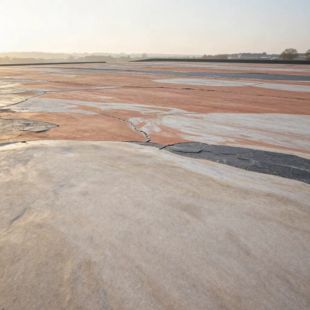 Weathered limestone and slate surface with distant urban edges in soft haze