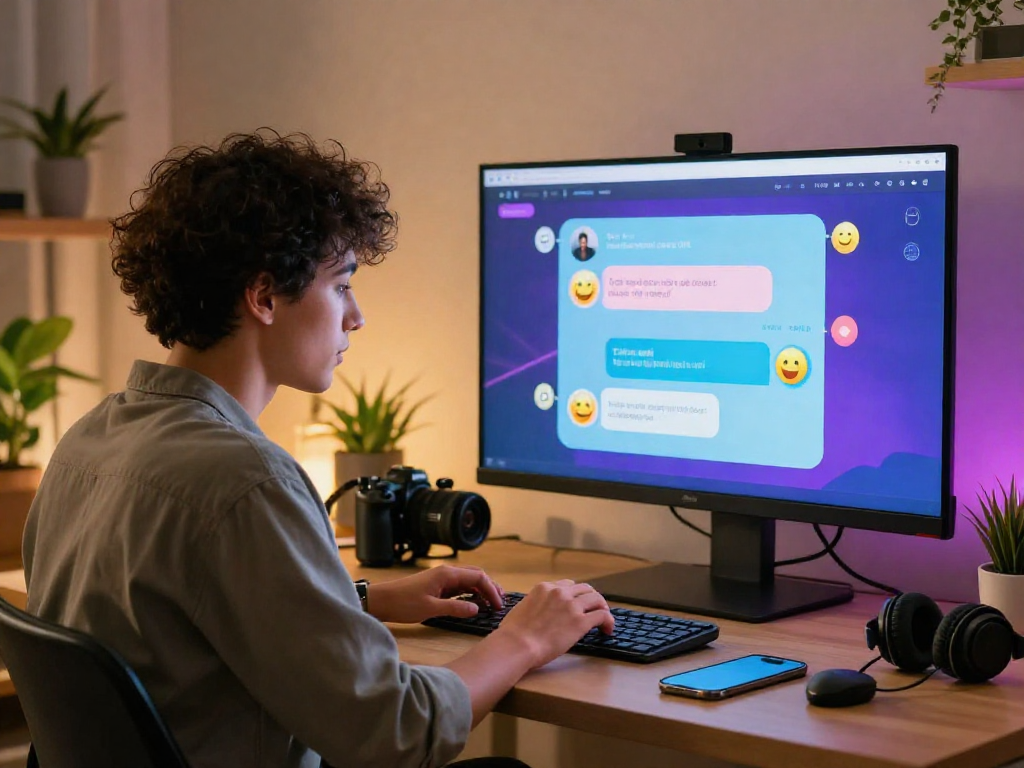 Dynamic interaction scene of a user engaging with a porn ai chat on a sleek screen in a cozy home office.