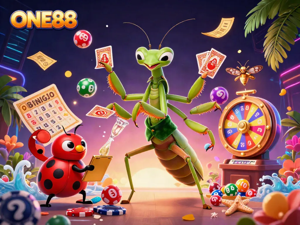 Experience the thrill of ONE88 with a dynamic casino-themed illustration featuring vibrant gambling elements.