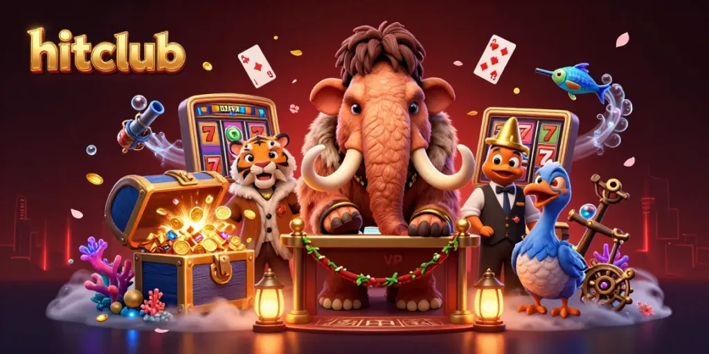 hitclub casino scene featuring a mammoth bouncer, VIP tiger guest, and dynamic golden game elements