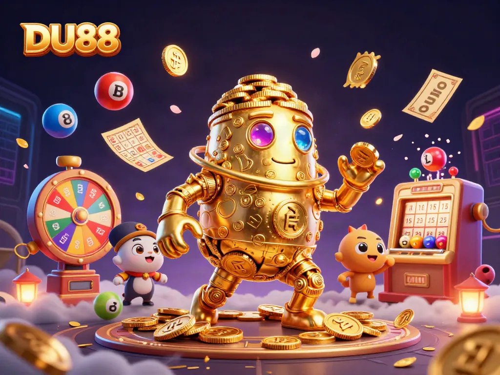 Engage with DU88's vibrant gaming scene featuring a golden golem and colorful lottery elements.