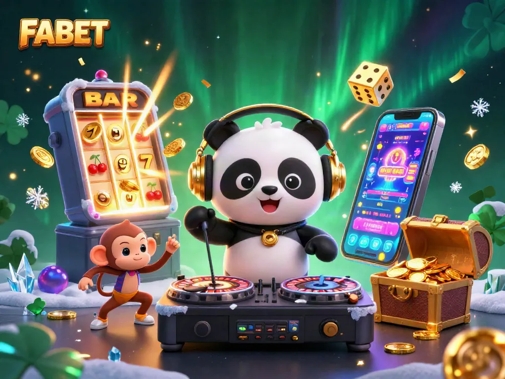 Experience the thrill of FABET with a festive casino scene featuring a DJ panda, breakdancing monkey, and rave kitten.