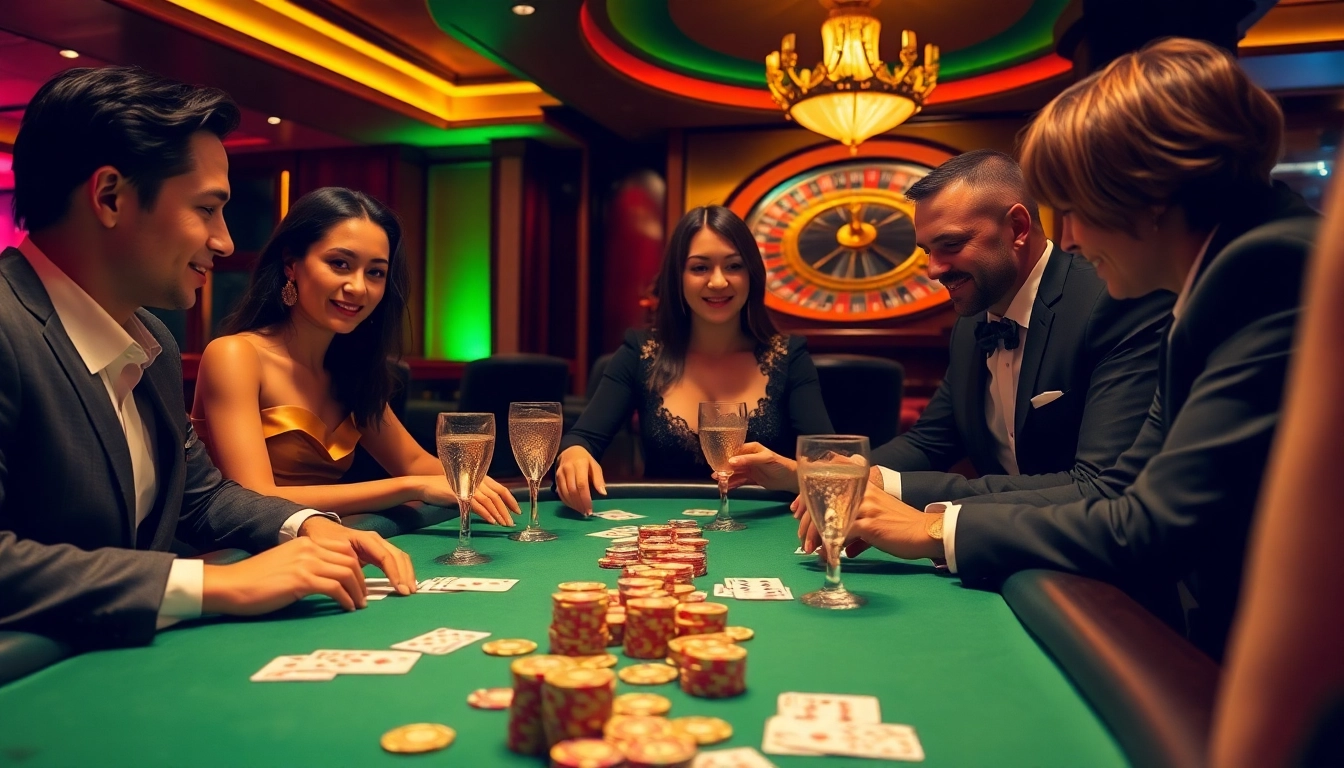 Players engaged in poker with 88i chips, showcasing excitement in a luxurious casino setting.