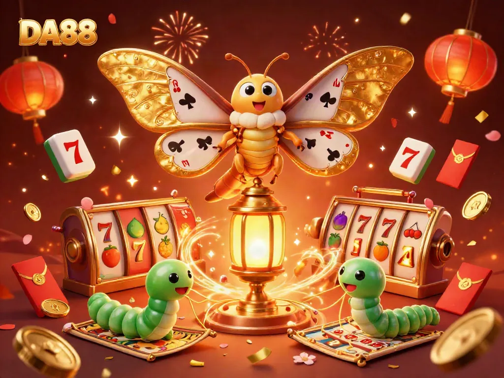 Engage with DA88 through an enchanting casino scene featuring golden moths and vibrant symbols.