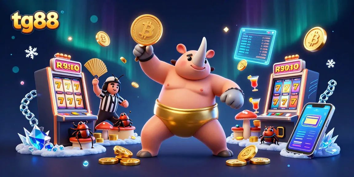 Tg88 highlights a lively scene of a sumo beetle champion amidst vibrant casino elements.