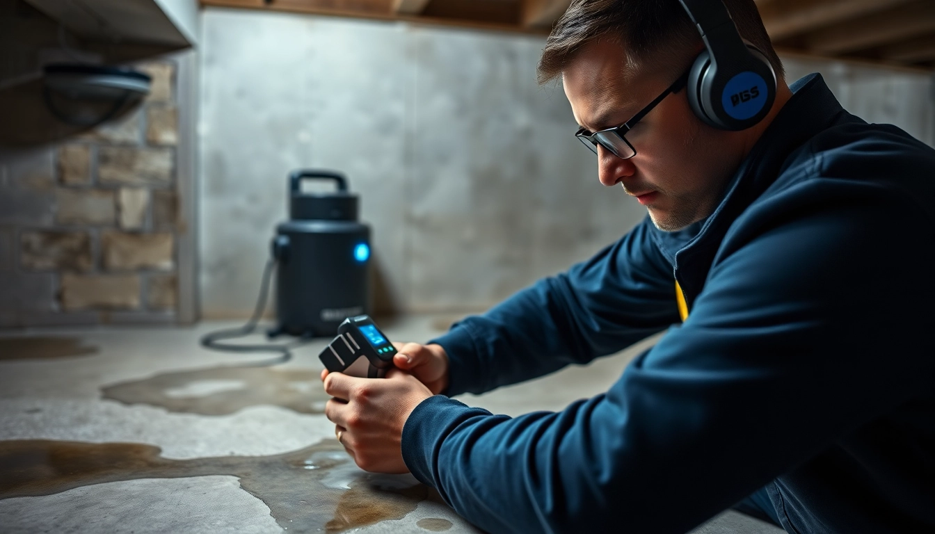 Technician detecting a leak in concrete floor using advanced tools for professional leak detection services.
