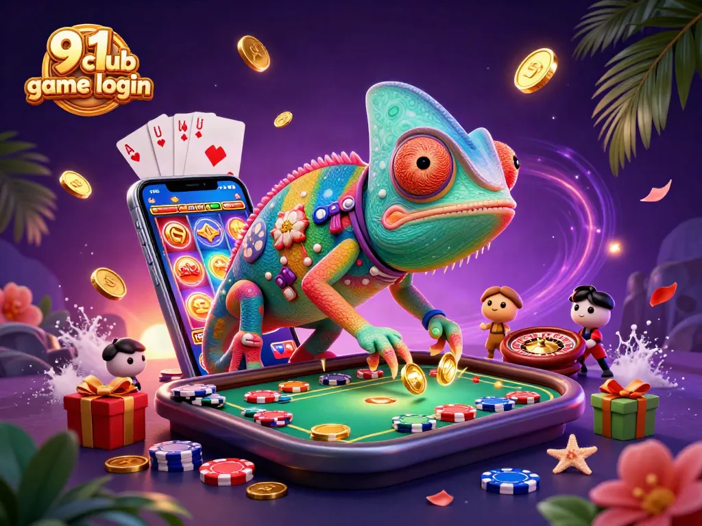 Play games at 91 club game login with a vibrant casino chameleon surrounded by action!