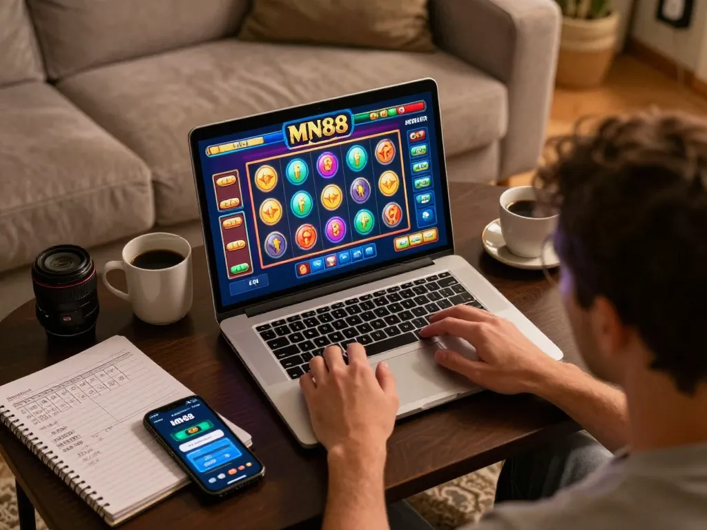Player enjoying MN88 online casino gaming on a laptop in a cozy home setting with strategic notes visible.