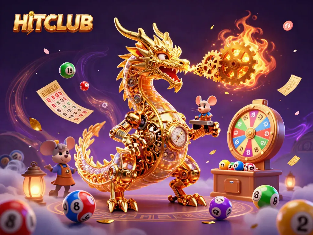 Experience HITCLUB's vibrant gaming world with a golden dragon and dynamic lottery elements.
