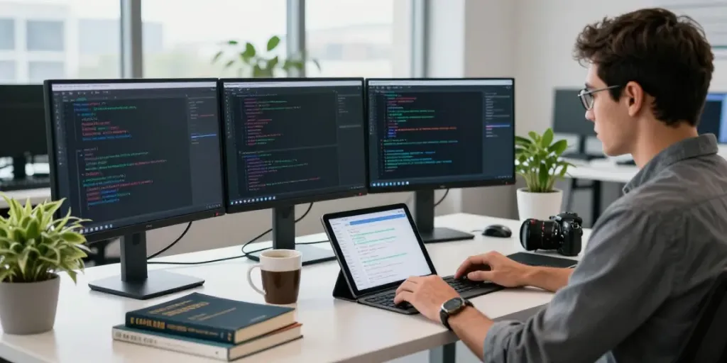 Developer coding for instant indexing in a modern workspace with multiple screens.