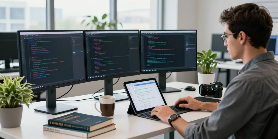Developer coding for instant indexing in a modern workspace with multiple screens.