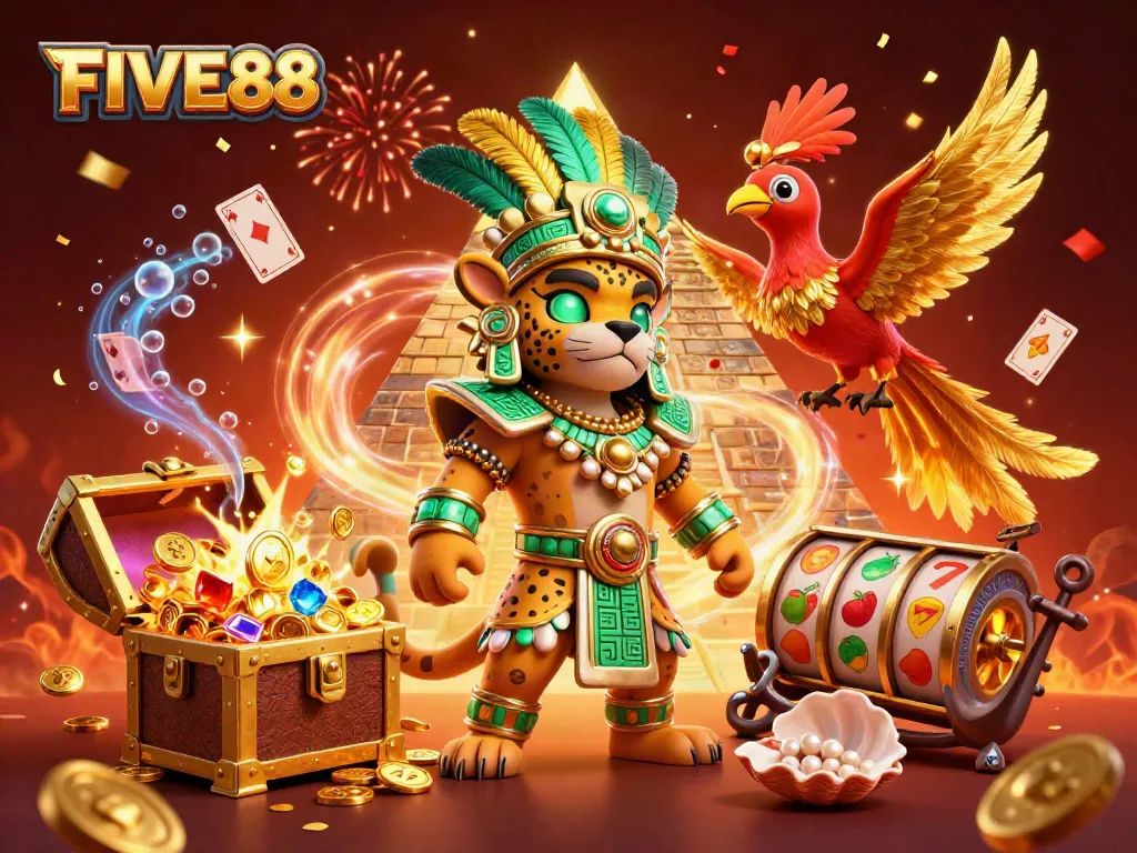 Engage with the exciting atmosphere of FIVE88's vibrant online casino featuring gold coins, slots, and dynamic characters.