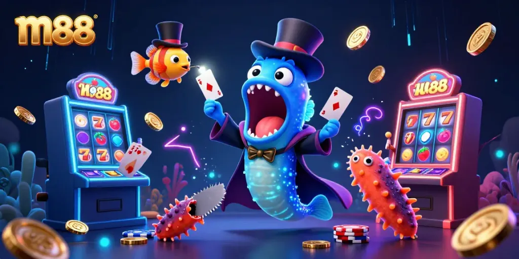 Experience the magic of m88 with vibrant casino elements and animated sea creatures in this enchanting digital illustration.