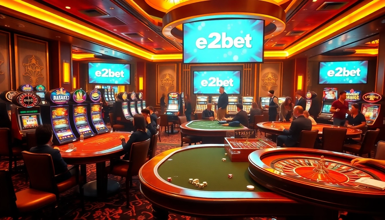 Experience thrilling gaming at e2bet's luxurious casino with vibrant tables and excited players.