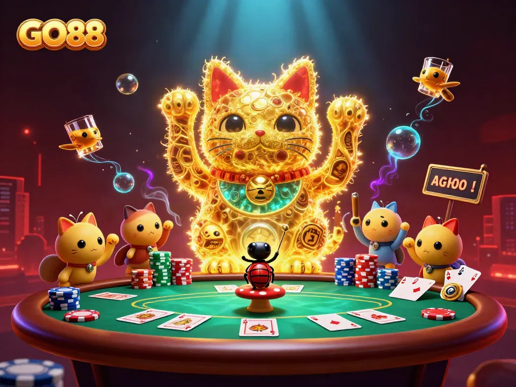 Engage with GO88's vibrant casino scene, featuring a lucky cat and dynamic game elements.
