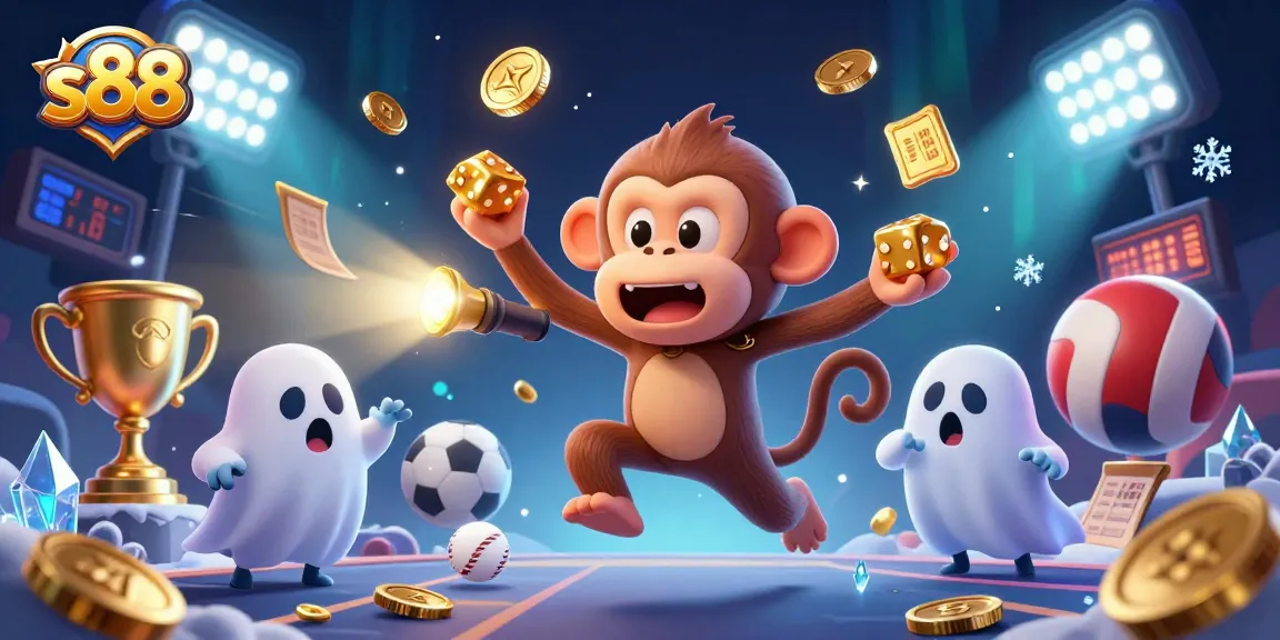 s88 players experience a thrilling haunted casino adventure with a mischievous monkey and golden elements.