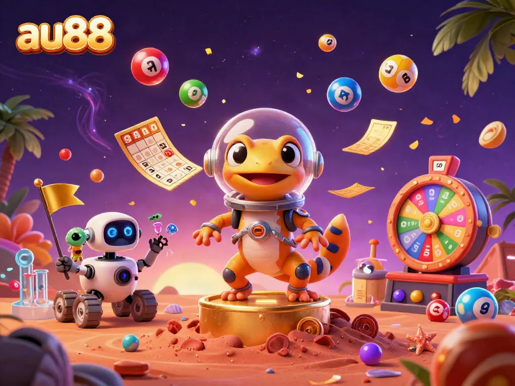 Engage with au88's lively lottery scene featuring Martian explorers and vibrant game elements.