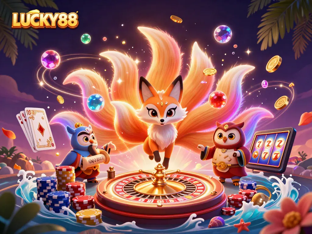 Engage with LUCKY88 as a vibrant casino experience comes alive in a stunning 3D scene.