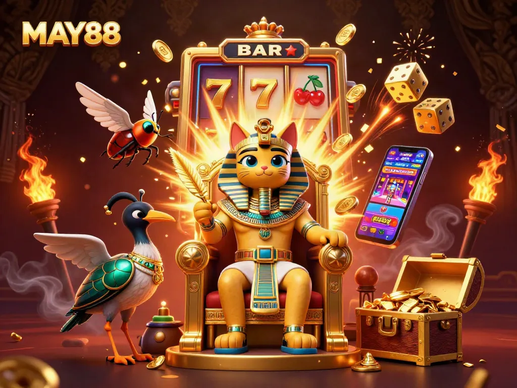 MAY88 captivates players with vibrant casino games and a pharaoh cat in an exciting illustration.