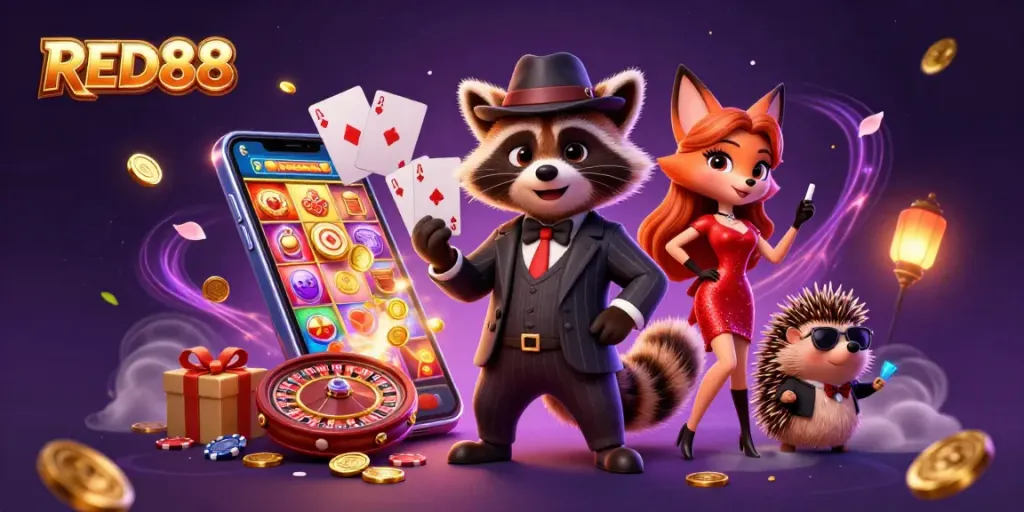Engage in thrilling gameplay with RED88 as raccoon, fox, and hedgehog characters surround vibrant slots and poker elements.