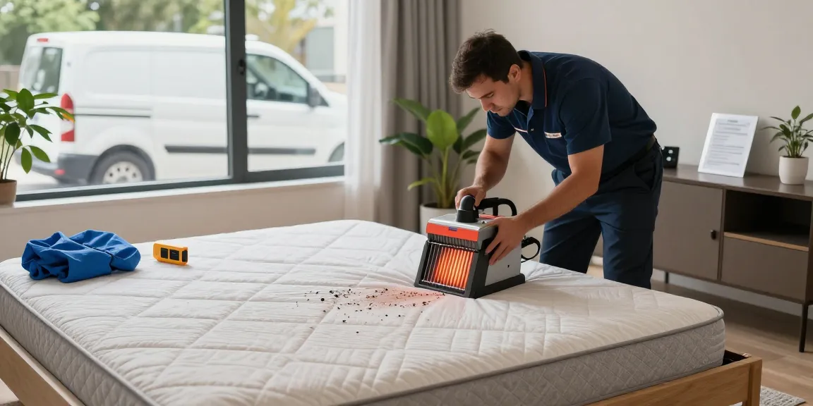Bed bug heat treatment by exterminator in a modern bedroom setting, showcasing effective pest control.