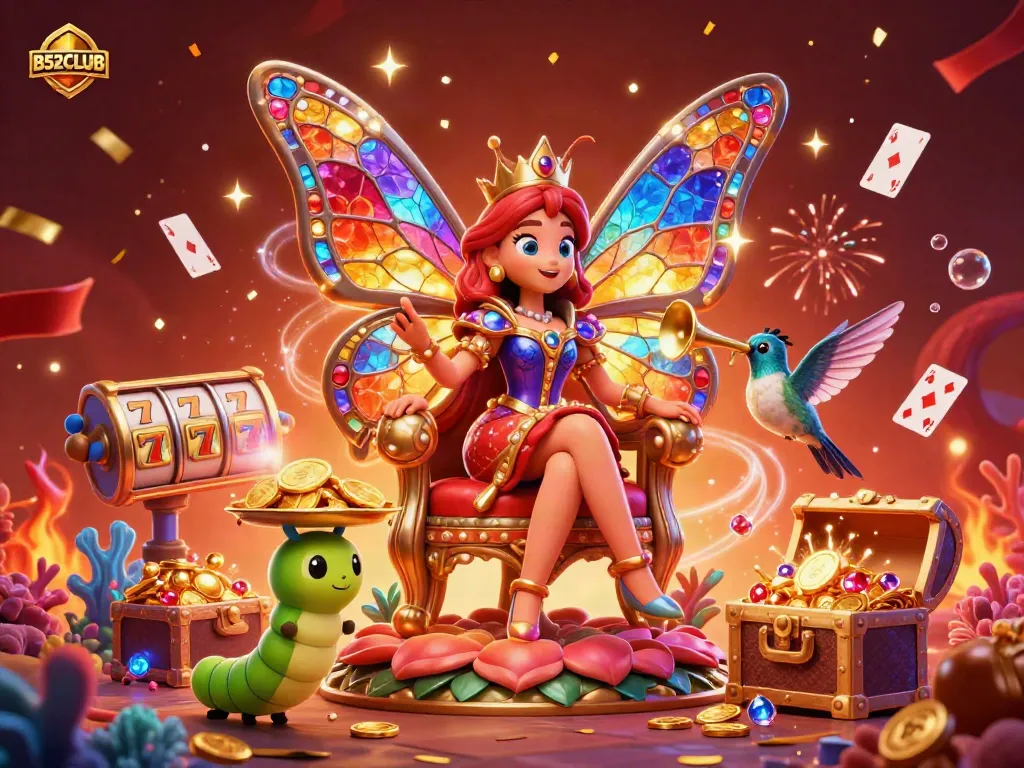 B52CLUB engages players with vibrant 3D illustration showcasing thrilling slot reels and jackpots.