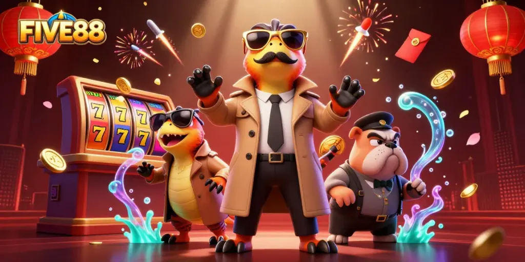 Experience exciting casino action with FIVE88 featuring cartoon raptors and slot reels in a vibrant scene.